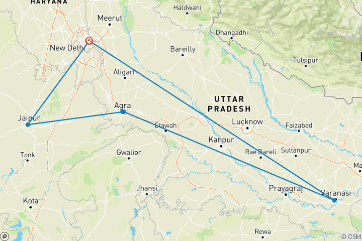 Map of Golden Triangle & Varanasi Tour – 7 Days of Culture, Spirituality & Iconic India