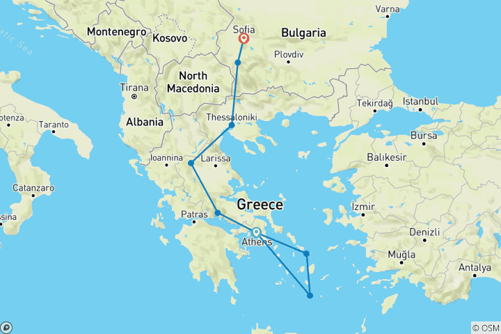 Map of NEW 2025 - Athens to Sofia included Santorini, Mykonos & Beyond / HELYSIAN - FLIGHT INCLUDED