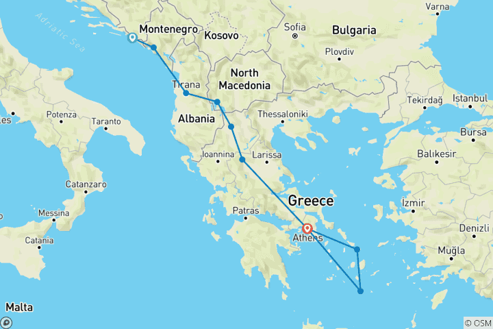 Map of NEW 2025 - Dubrovnik to Athens with Santorini and Mykonos / HELYSIAN flight included