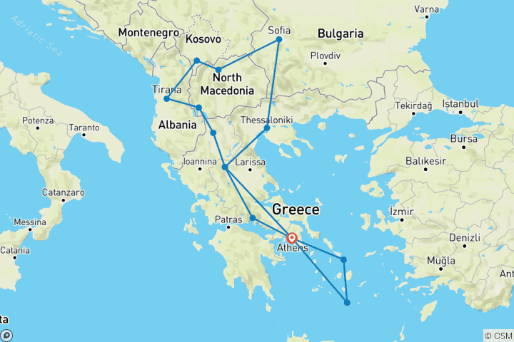 Kaart van NIEUW 2025 - Balkan & Egeïsche Zee Van Athene naar Athene via Mykonos en Santorini / HELYSIAN - VLIEGTIJD INBEGREPEN