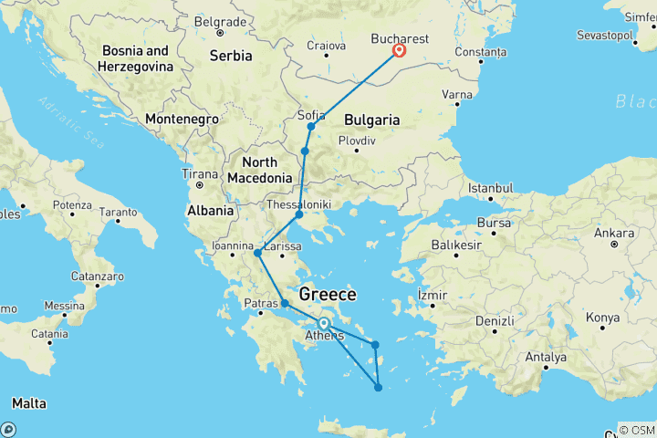 Map of NEW 2025 - Athens to Bucharest included Santorini, Mykonos & Beyond / HELYSIAN - FLIGHT INCLUDED