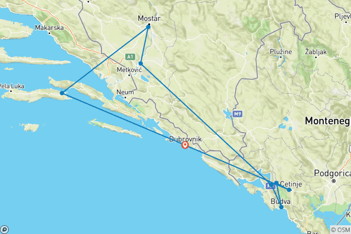 Karte von Balkan mit Kroatien, Montenegro, Bosnien & Herzegowina