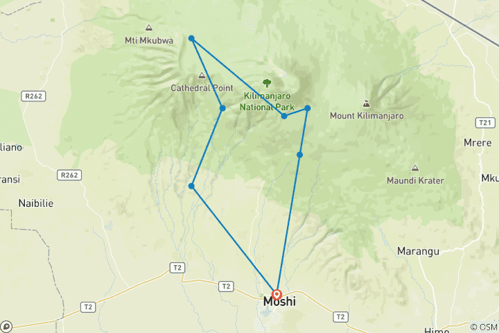 Map of Kilimanjaro climb new year summit & materuni day tour