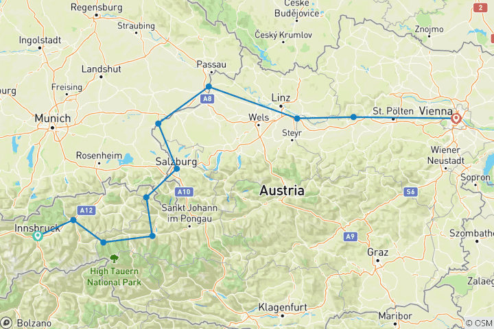 Karte von Innsbruck – Salzburg – Wien: Österreichs Fluss-Radwege (13 Tage)