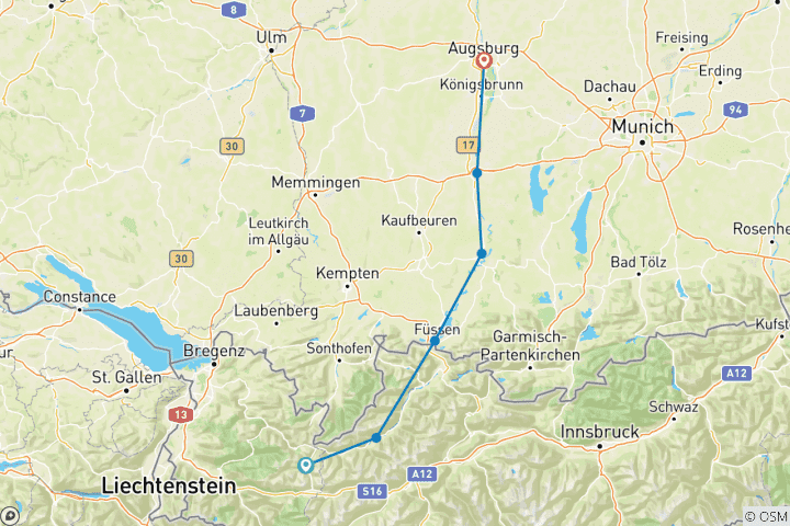 Map of Lech Cycle Path  from the Source to the Fugger City - 7 days