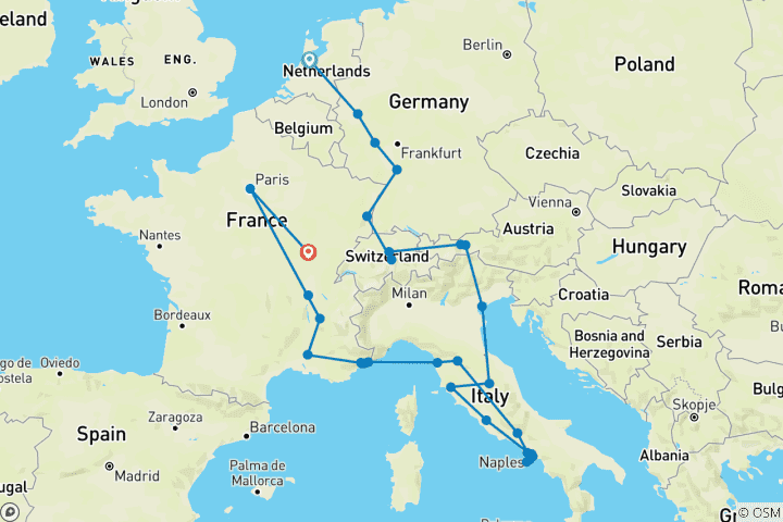 Carte du circuit Europe traditionnelle (fin Paris, 18 jours)