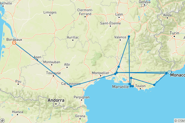 Map of Ultimate Southern France (Small Groups, End Bordeaux, 12 Days) (14 destinations)