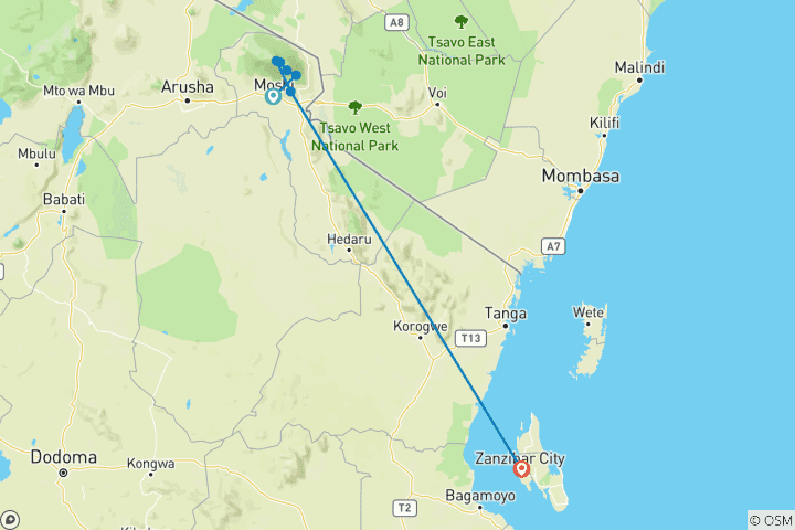 Map of Mount Kilimanjaro climbing via Marangu Route 8 days Tanzania (all accommodation and transport are included)