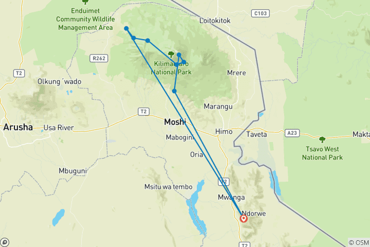 Carte du circuit Ascension du Kilimandjaro par la route de Lemosho 10 jours (tous les hébergements et transports sont inclus)