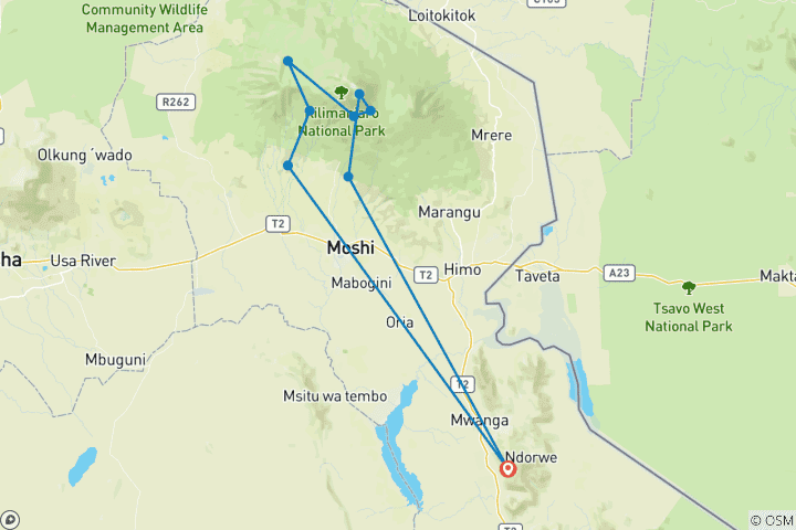 Map of Mount Kilimanjaro Climbing Via Machame Route 9 Days (all accommodation and transport are included)