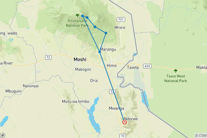 Map of Group Joining Mount Kilimanjaro Climbing through Marangu Route 8 Days Tanzania (all accommodation and transport are included)