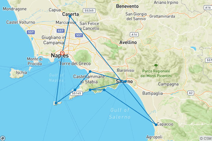 Carte du circuit Les délices de la Campanie : Pompéi et la côte amalfitaine