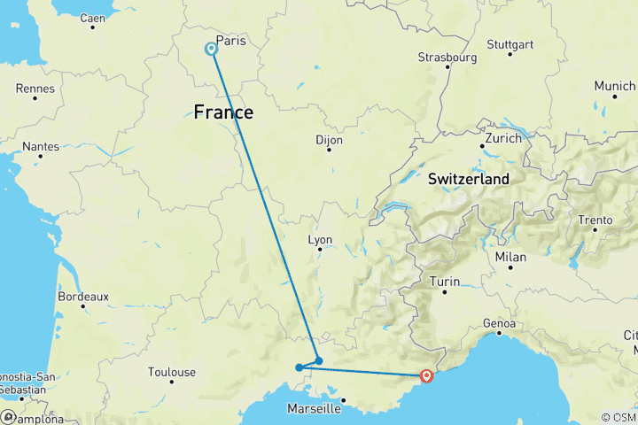 Carte du circuit Paris et le meilleur du sud de la France - Paris, Avignon et Nice en 8 jours