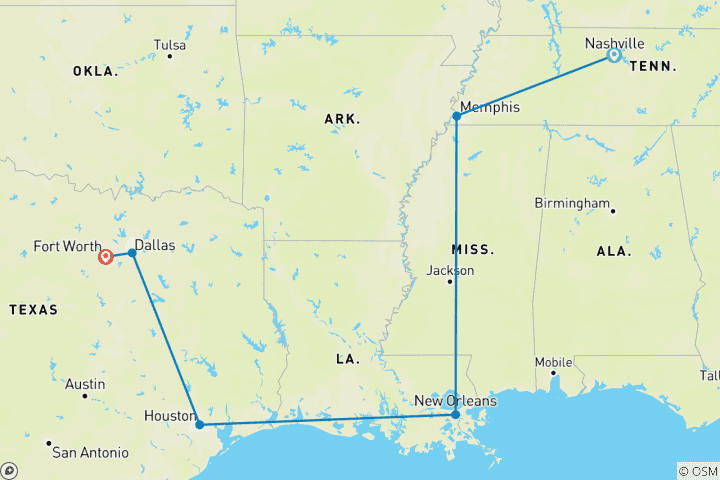 Map of USA: Nashville to Dallas Road Trip (9 Days)