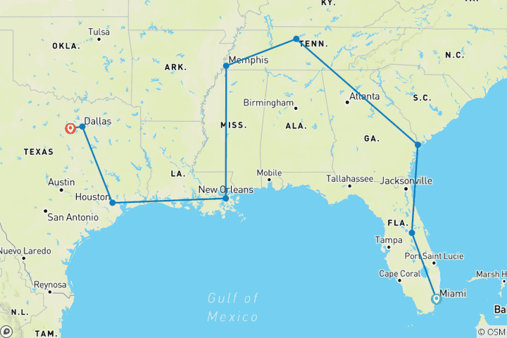 Map of USA: Miami to Dallas Road Trip (12 Days)