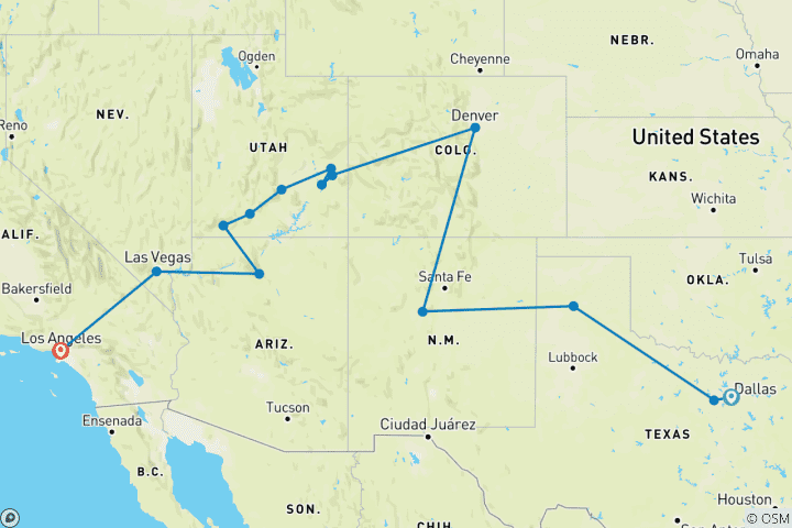 Carte du circuit États-Unis : Road Trip et visites des parcs nationaux ( fin : Los Angeles, 12 jours)