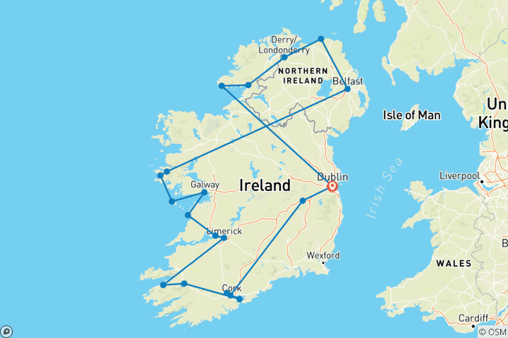 Map of Titanic Trail Trail & Wild Atlantic Way including Donegal