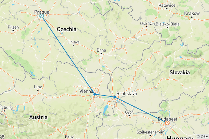 Carte du circuit 4 pays d'Europe de l'Est en 9 jours (Prague, Vienne, Bratislava et Budapest)