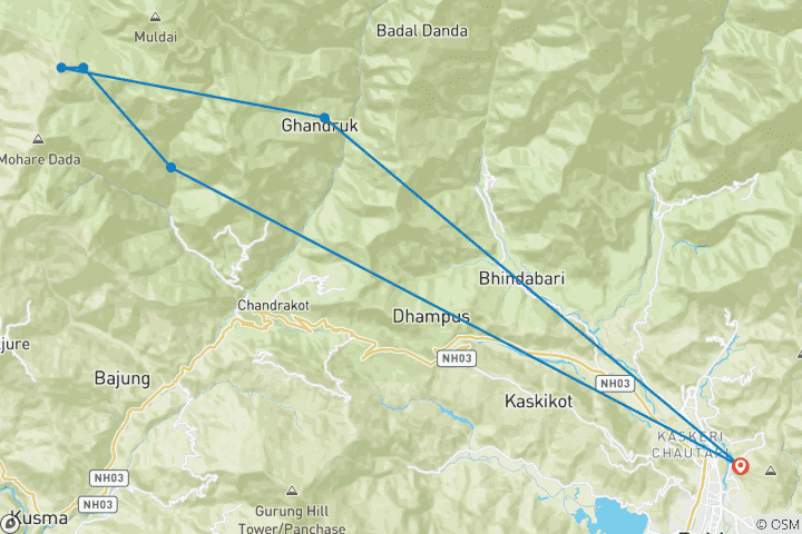 Carte du circuit Trek de Ghorepani Poonhill depuis Pokhara - 4 jours