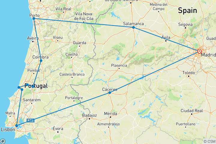 Carte du circuit Le meilleur de Lisbonne, Porto et Fatima - 6 jours (au départ de Madrid)