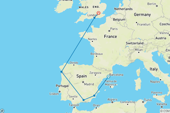 Carte du circuit Explorateur ibérique : de Barcelone à Londres (Tilbury)