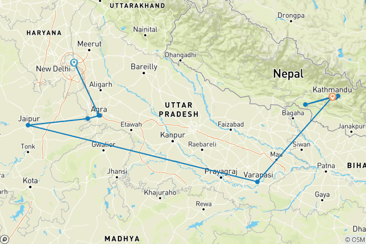 Kaart van Avontuurlijke reis door India & Nepal – 2 landen in 14 dagen