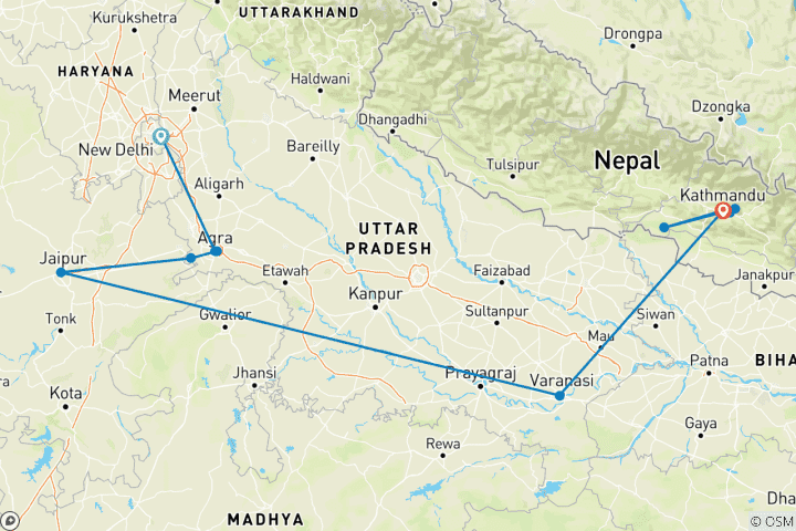 Kaart van Avontuurlijke reis door India & Nepal – 2 landen in 14 dagen