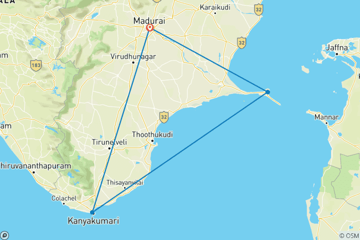 Map of Madurai Rameswaram Kanyakumari Tour