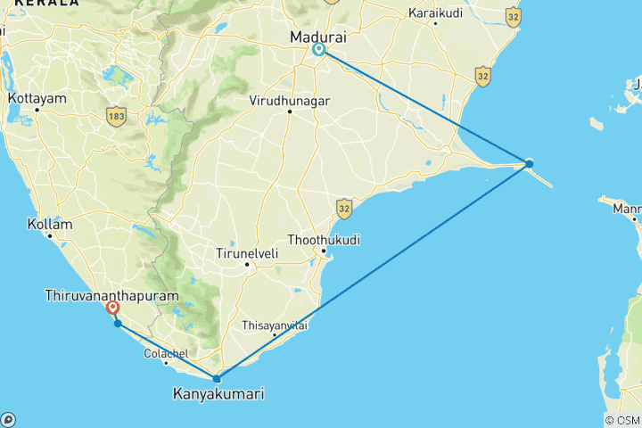 Map of Madurai Rameswaram Kanyakumari Kovalam Tour