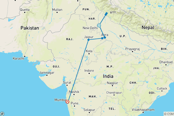 Karte von Goldenes Dreieck mit Ganges und Mumbai