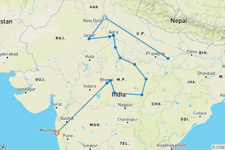 Kaart van India Erfgoedreis met Wildlife Avontuur