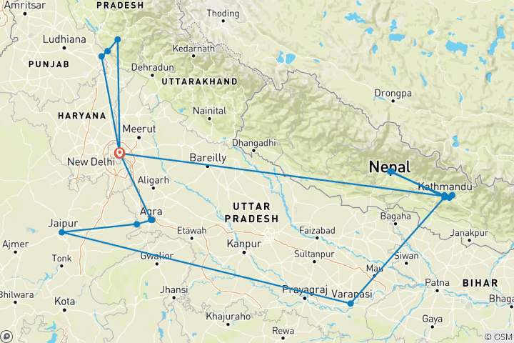 Kaart van Noord –India&Nepal avontuur met Shimla speelgoedtrein