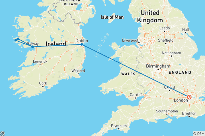 Carte du circuit Londres - Dublin et la capitale du Connemara