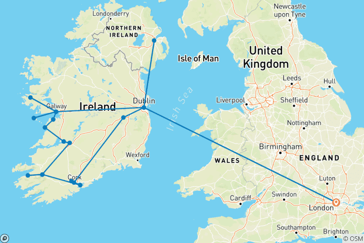 Carte du circuit Londres - Dublin et le tour de toute l'Irlande
