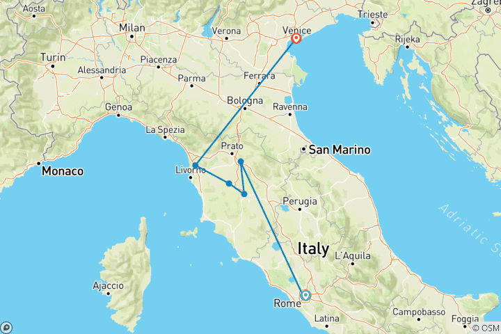 Map of 7 Day Rome, Florence, Tuscany & Venice Tour Package