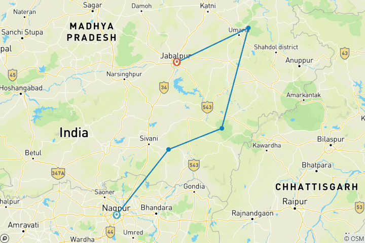 Map of Central India Wildlife Tour