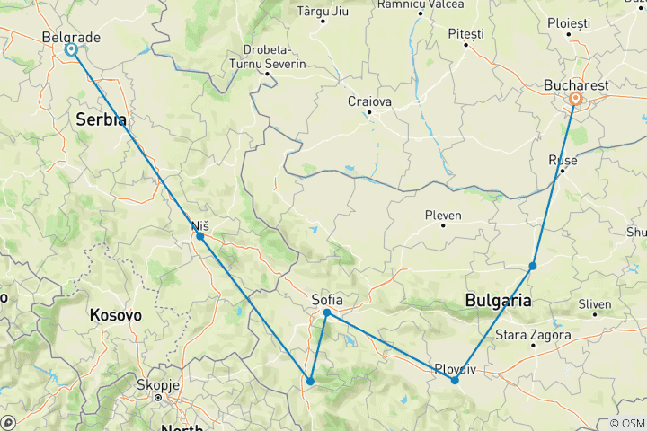 Map of Semi-Private Tour; Serbia, Bulgaria & Romania from Belgrade to Bucharest