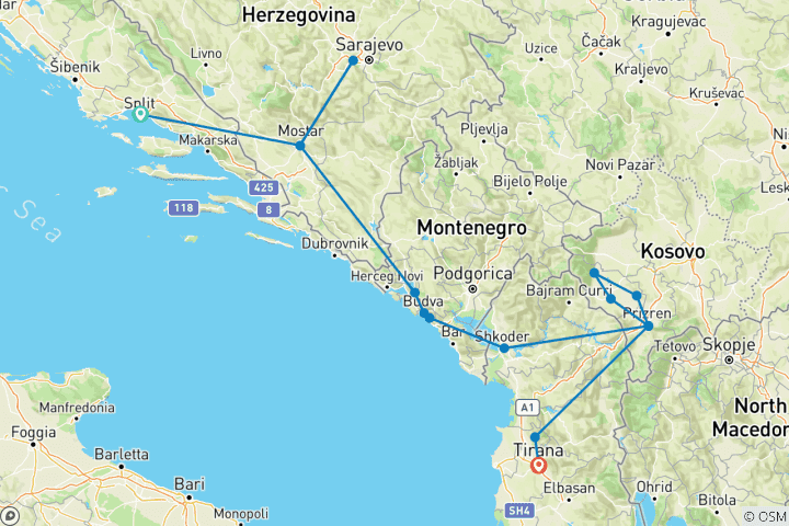 Map of Semi-Private Tour; Split to Tirana 5 Balkan countries in 8 Days