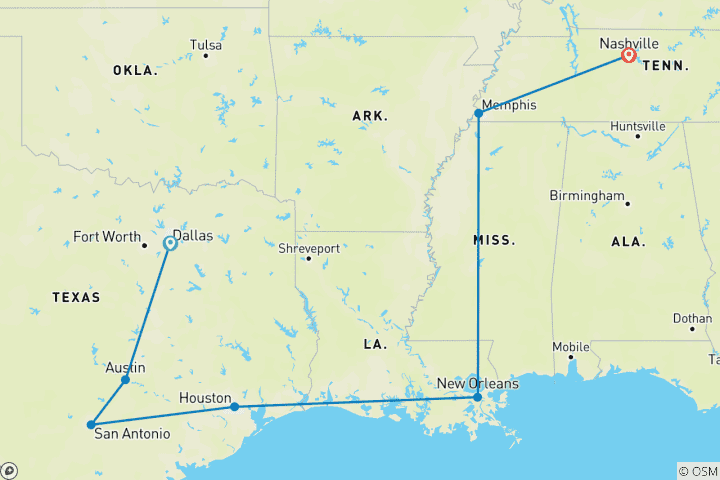 Map of USA: Boot, Scoot 'N' Blues (13 Days) (from Dallas to Nashville)