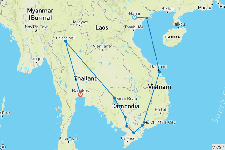 Mapa de La belleza de Vietnam, Camboya y Tailandia - 21 días