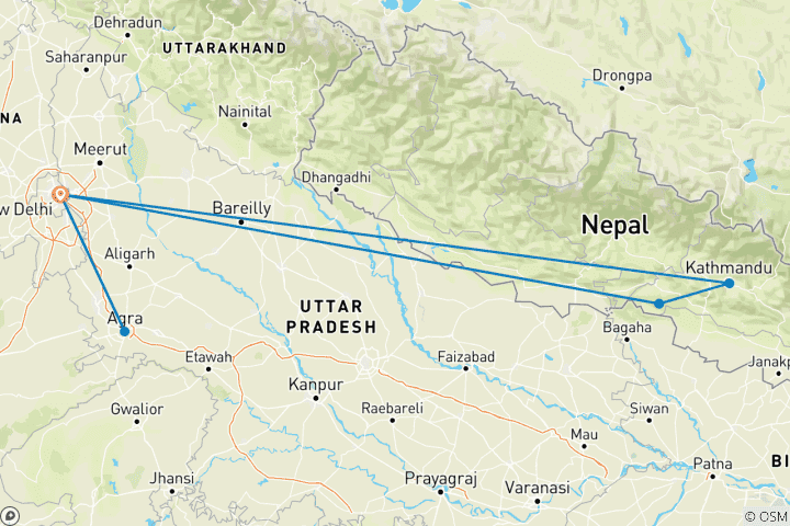 Carte du circuit Circuit de découverte de la vie sauvage au Népal avec Taj Mahal (tout compris)