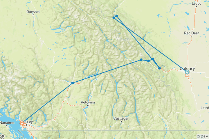 Karte von 6-Tage-Rockies-Urlaub ab Calgary mit dem Rocky Mountaineer Deluxe-Zug erleben