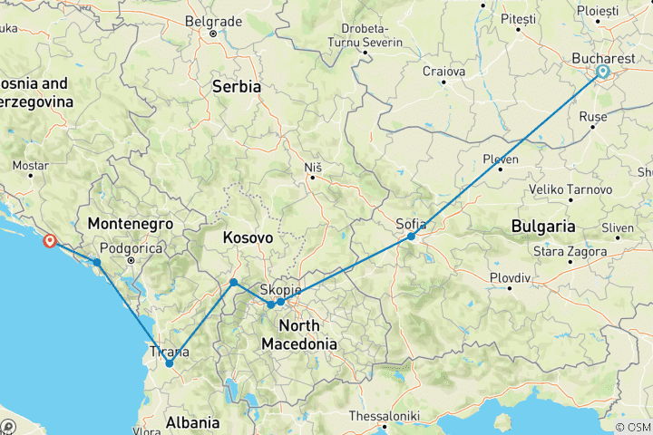 Carte du circuit De Bucarest à Dubrovnik Circuit découverte des Balkans - Circuit en petit groupe
