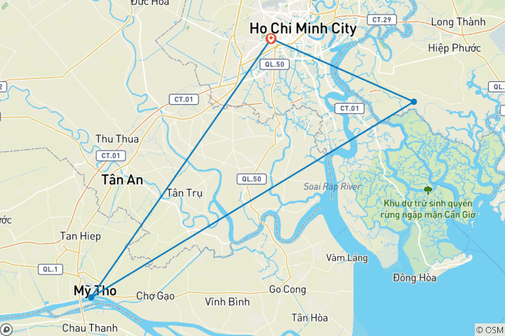 Carte du circuit Sérénité du sud du Vietnam 4 jours à Ho Chi Minh et dans le delta du Mékong