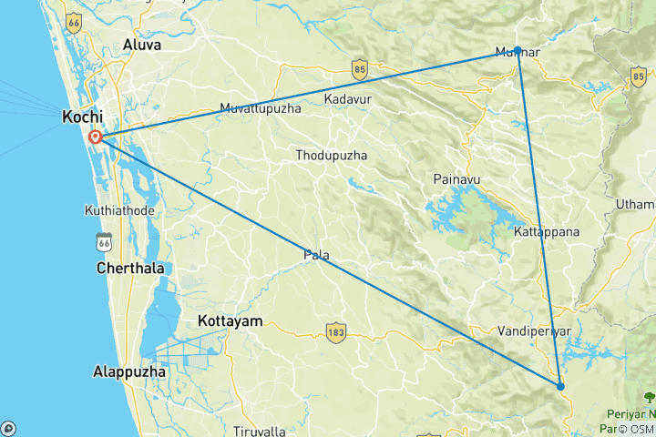 Mapa de Circuito a Kerala con el Santuario de Fauna Salvaje de Periyar