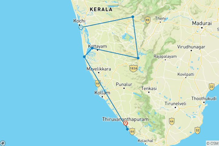 Map of 9 Days Kerala Beaches And Backwaters  Tour
