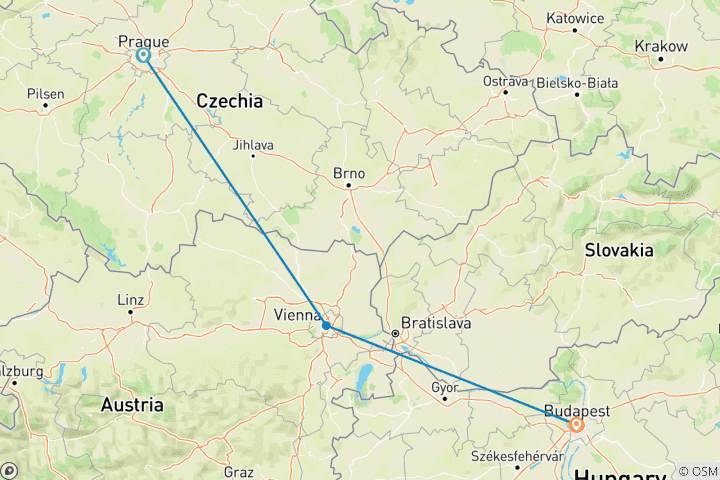 Carte du circuit Forfait vacances à Prague, Vienne et Budapest