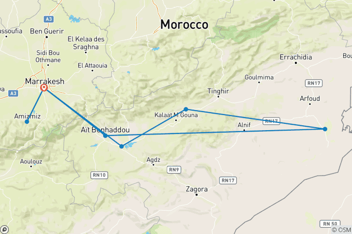 Carte du circuit Désert marocain et randonnées dans les montagnes de l'Atlas