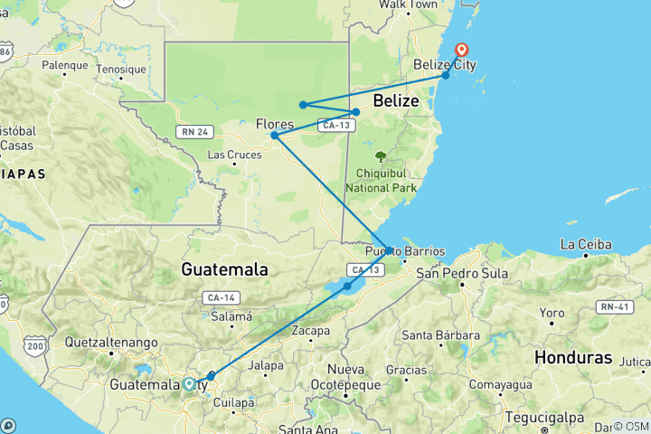 Kaart van Reis van Guatemala naar Belize (9 bestemmingen)