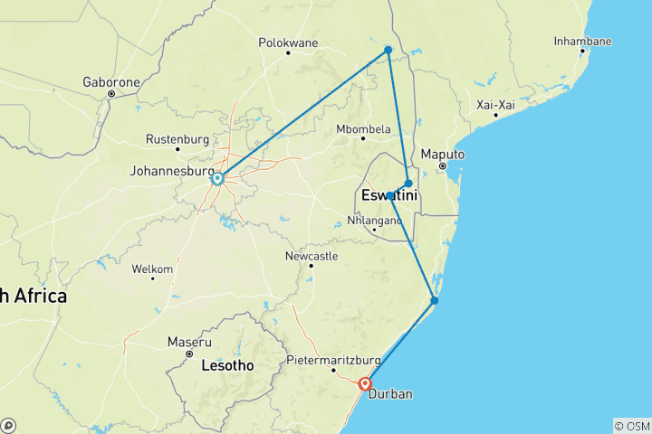 Carte du circuit Kruger et côte (from Johannesburg to Durban)